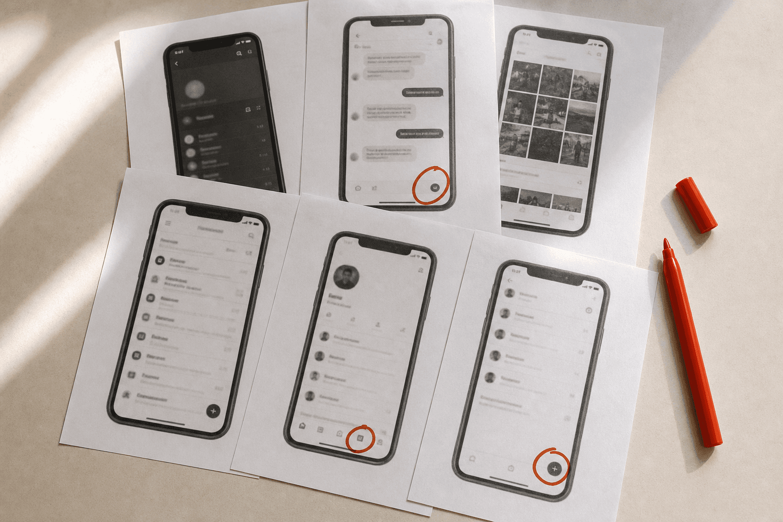 Printed screenshots of phone screens laid out on paper, several with a hand-drawn circle in red marker around a small button, next to an uncapped red marker pen.